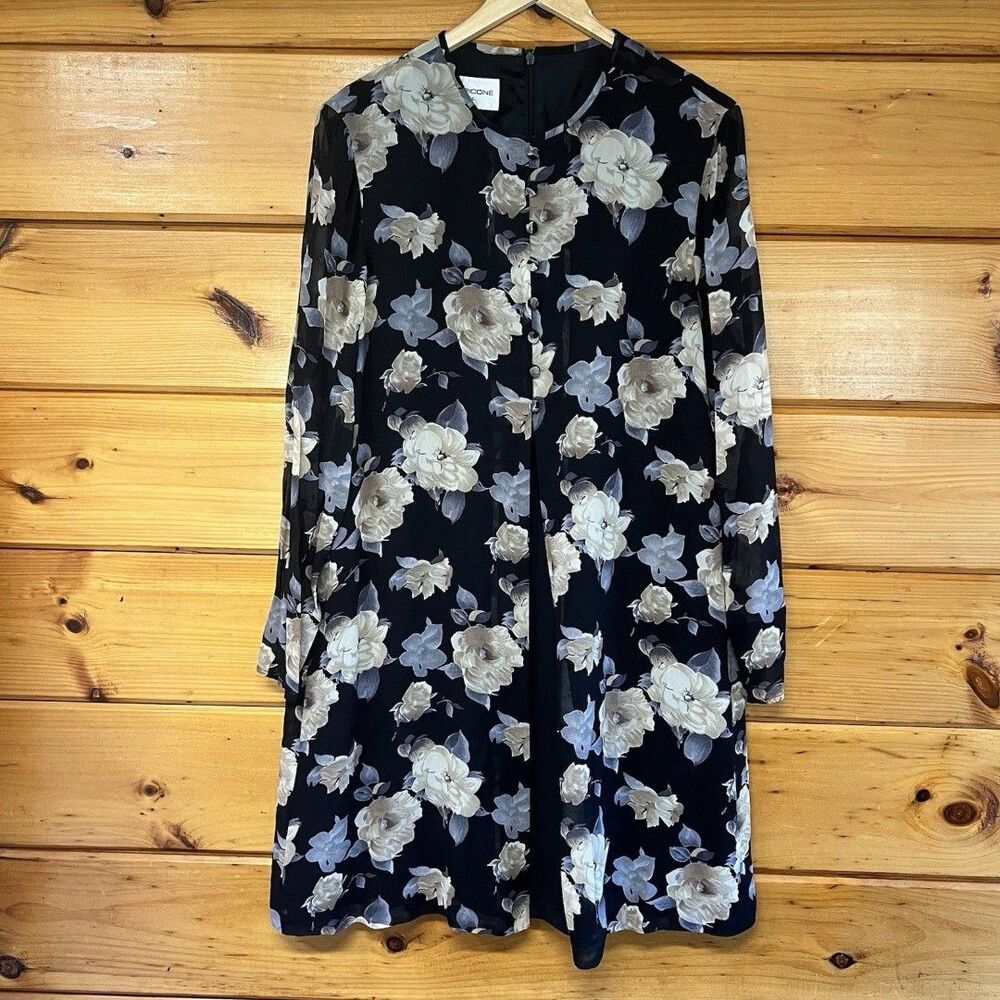 Evan-Picone Jacket Silk Dress Size 14 Vintage Black Floral  Knee Length Classic